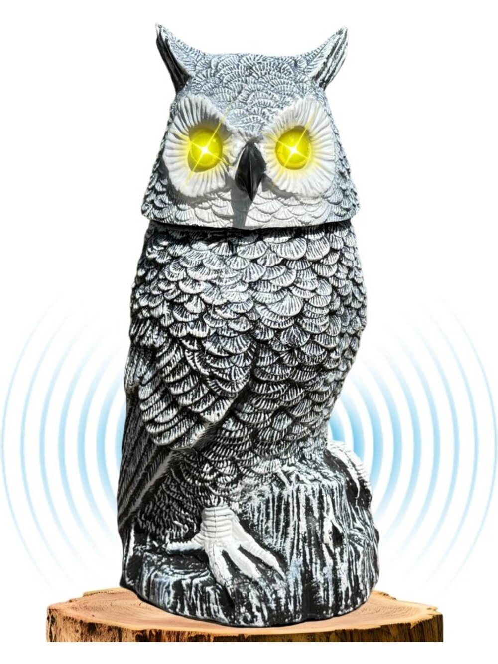 Solar Powered Glowing Eyes Snow Owl Sculpture, Rotating Head, Realistic Sounds